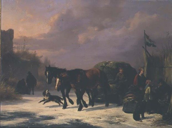 Un trineo tirado por caballos junto a una caseta de Wouterus Verschuur