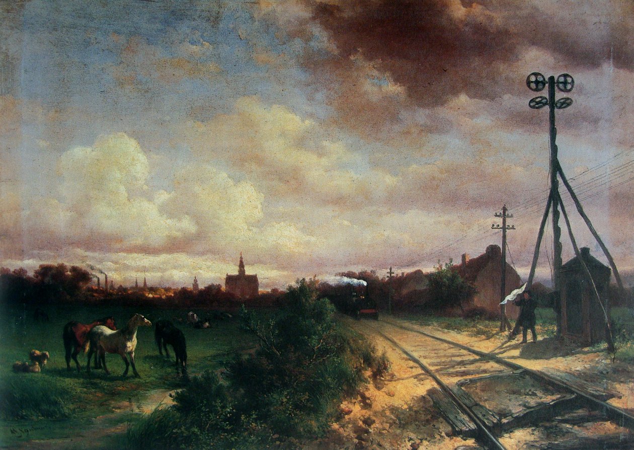 Pintura de un campo con caballos, un tren y un señalero con bandera de Wouterus Verschuur