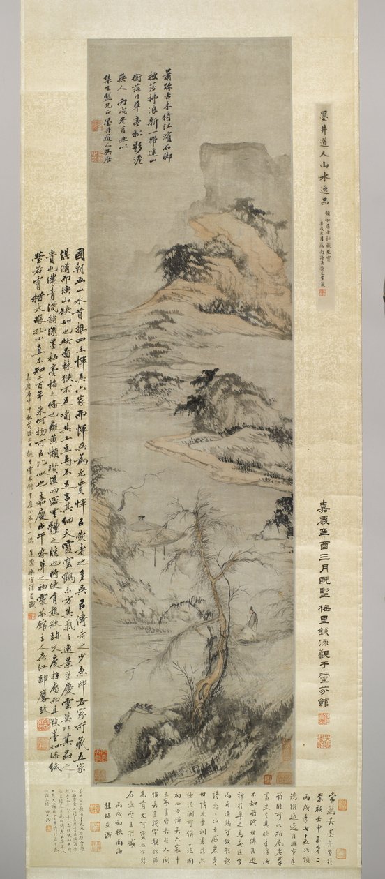 Un anciano caminando junto a un arroyo, con montañas distantes, 1706 de Wu Li