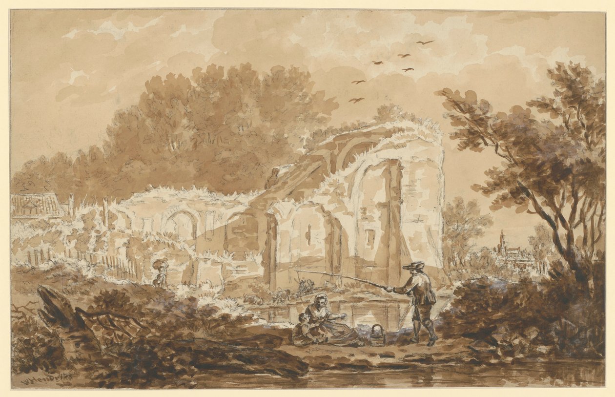 Pescador con mujer y niño junto a una ruina de Wybrand Hendriks