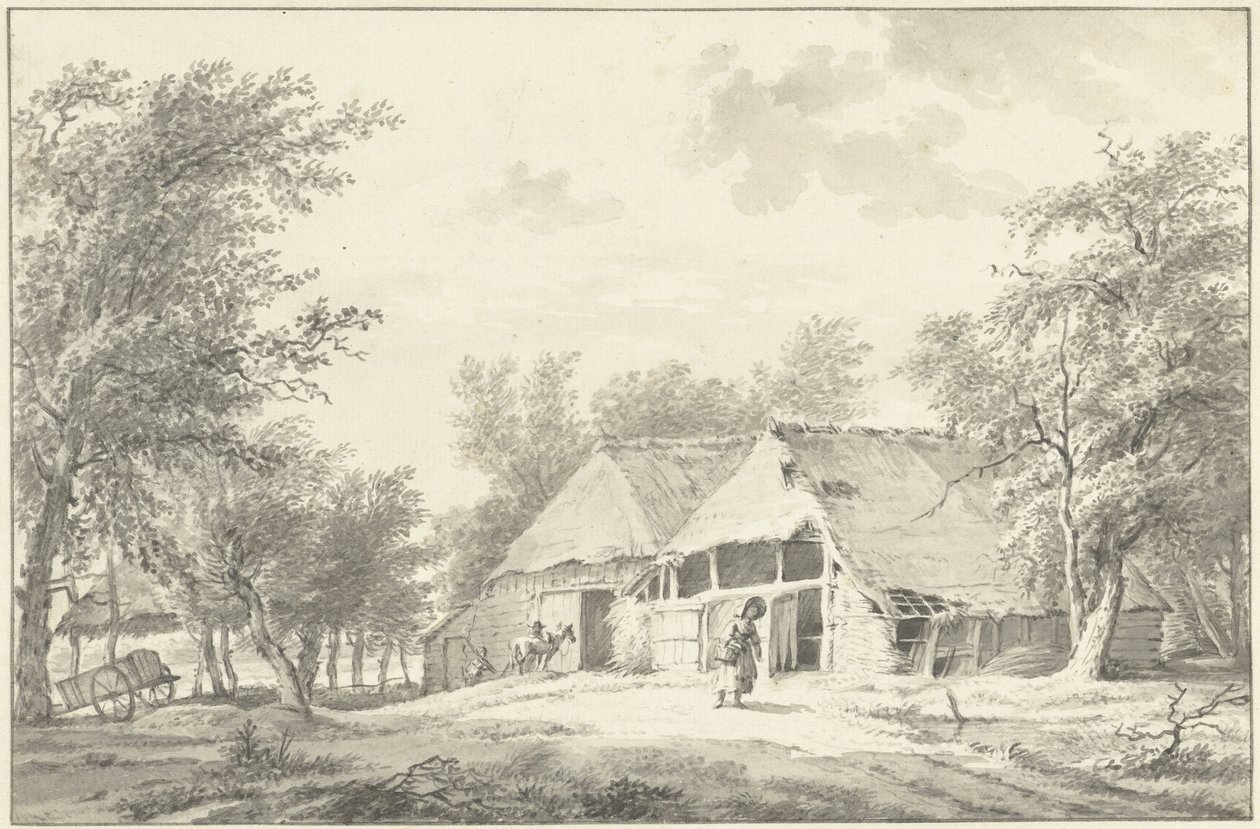 Paisaje con granja y mujer con cesta de Wybrand Hendriks