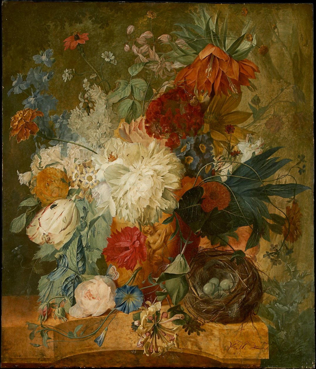 Naturaleza muerta con ramo de flores y nido de pájaro de Wybrand Hendriks