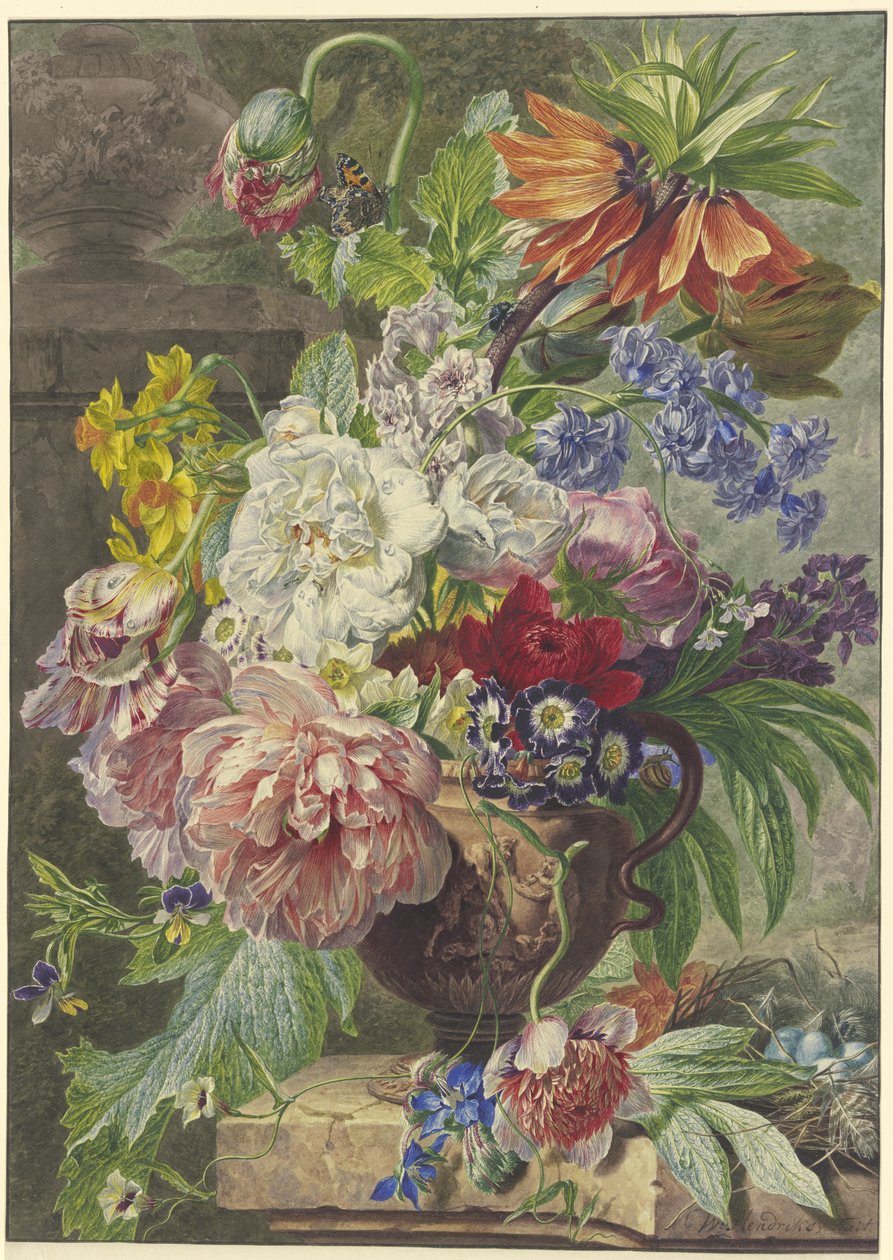 Bodegón con ramo de flores y nido de pájaro de Wybrand Hendriks