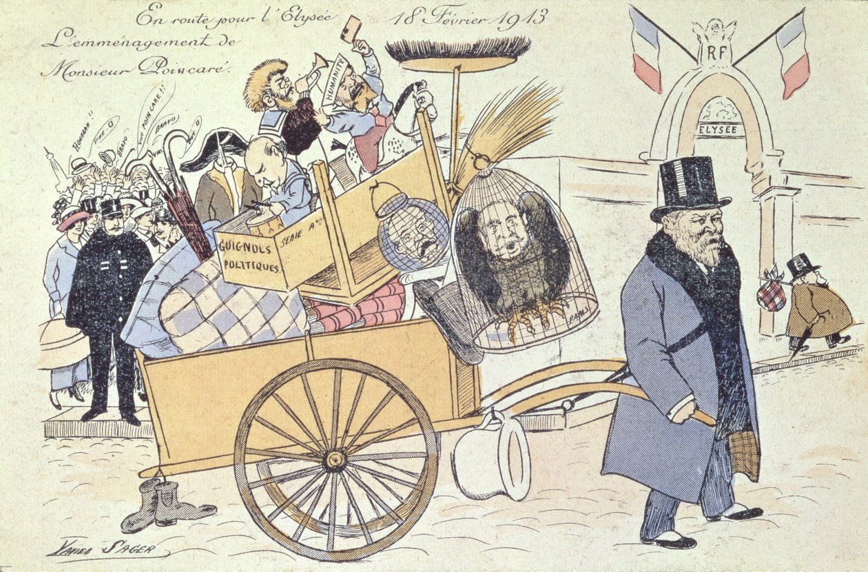 Caricatura de Raymond Poincaré (1860-1934) mudándose al Palacio del Elíseo, febrero de 1913 de Xavier Sager