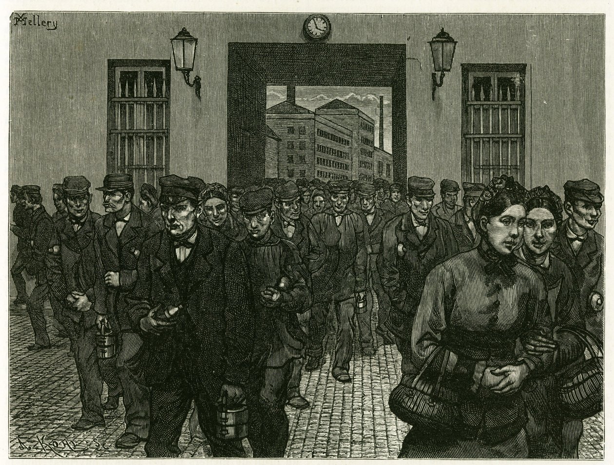 Salida de una fábrica en Gante. Ilustración de la historia “Bélgica”, en 1888, por Camille Lemonnier (1844-1913), crítico de arte y escritor. Publicado en Le tour du monde, 2º semestre 1883, editado por Edouard Charton (1807-1890) de Xavier Mellery