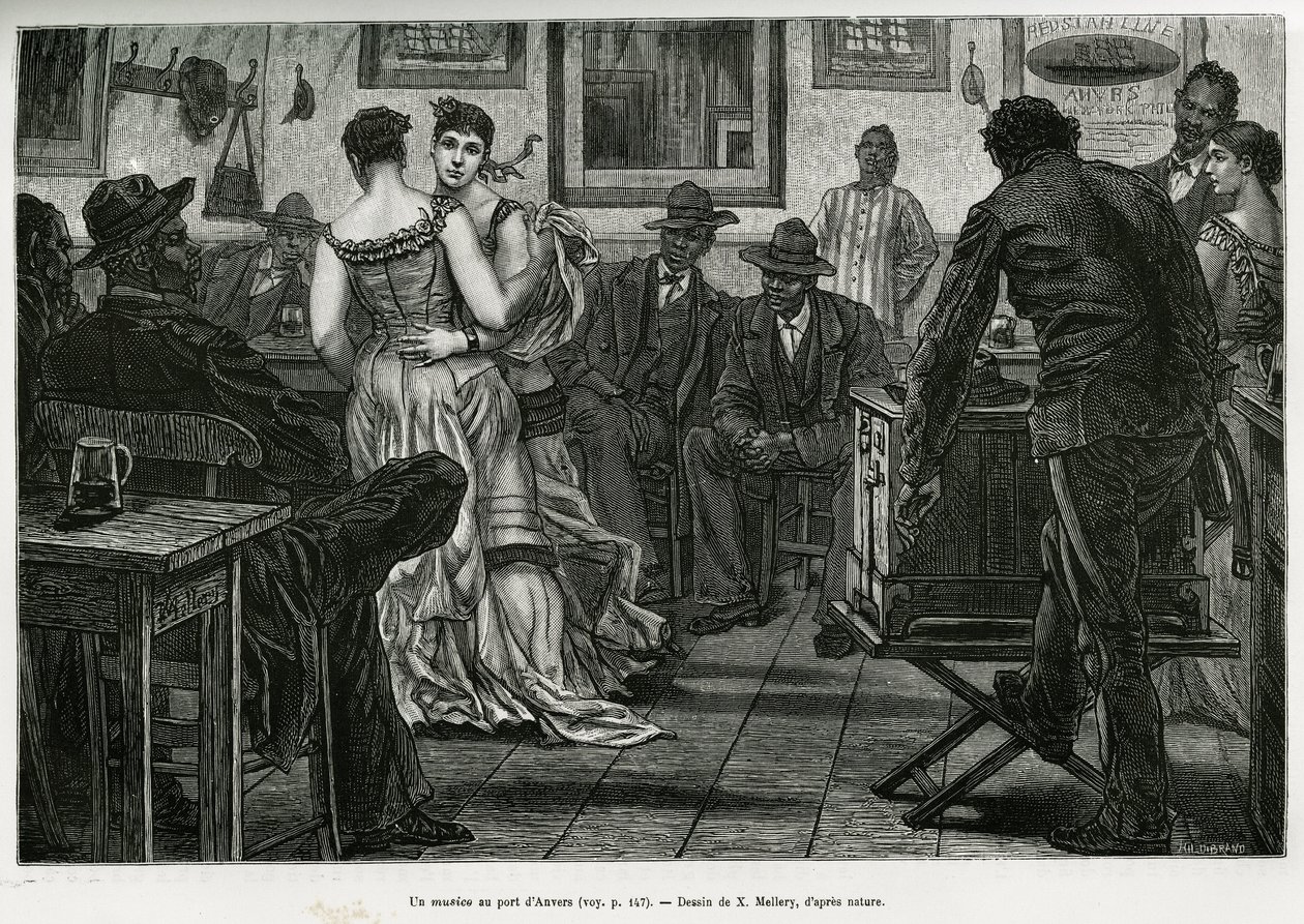 Un músico en el puerto de Amberes, donde los marineros pueden beber y bailar al sonido del órgano espinoso. Grabado por X.Mellery, para ilustrar la historia de Bélgica, por Camille Lemonnier, publicado en el Tour du monde, editado por Edouard Charton (1807 de Xavier Mellery