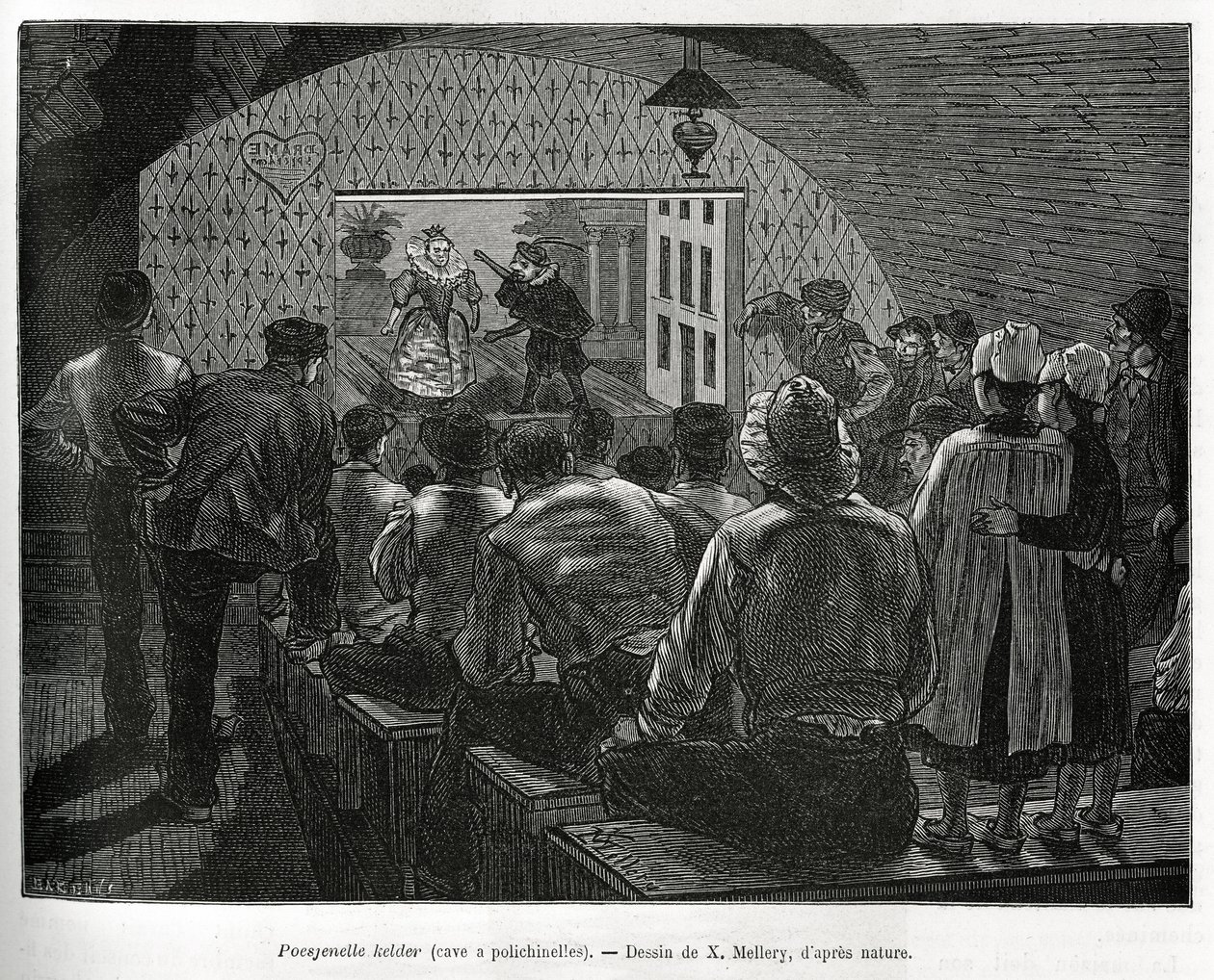 Sótano de Polichinelas, un sótano diseñado para espectáculos de marionetas. Ilustración de la historia de Bélgica, por Camille Lemonnier, publicado en Le tour du monde, editado por Edouard Charton (1807-1890) de Xavier Mellery