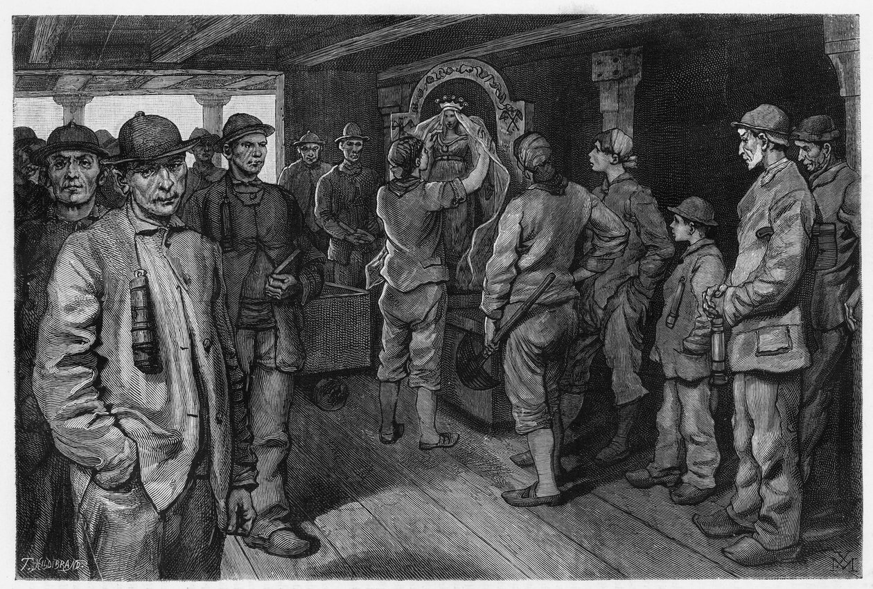 Charbonniere representando la estatua de Santa Bárbara, patrona de los mineros y bomberos, en la feria anual en su honor. Grabado de X.Mellery, para ilustrar la historia “Belgium”, de Camille Lemonnier (1844-1913) escritor belga. Publicado en Le Tour du Mo de Xavier Mellery