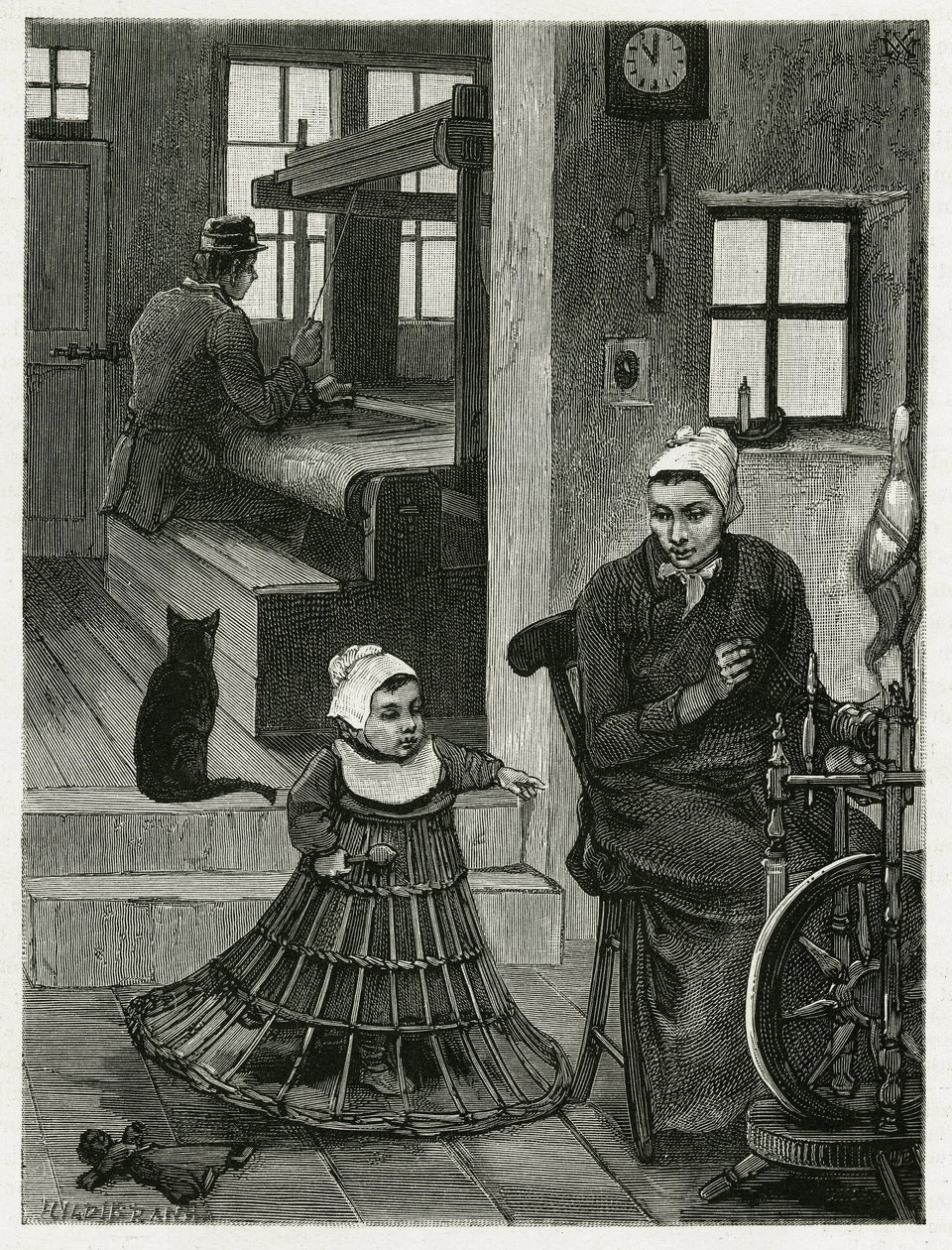 Interior de la vivienda y taller del tejedor, con el tejedor y la rueda, así como un niño con una falda de mimbre que le ayuda a dar sus primeros pasos. Ilustración de la historia “La Belgique”, por Camille Lemonnier (1844-1913) de Xavier Mellery