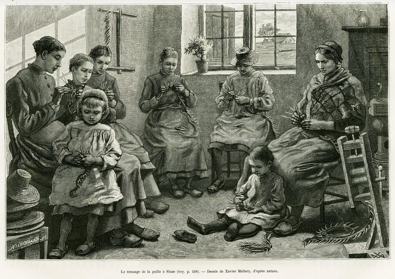 El trenzado de paja en Sluze. Grabado de Xavier Mellery para ilustrar la historia La Bélgica, por Camille Lemonnier, en Le Tour du monde 1886, dirigido por Edouard Charton (1807-1890), Hachette, París. de Xavier Mellery