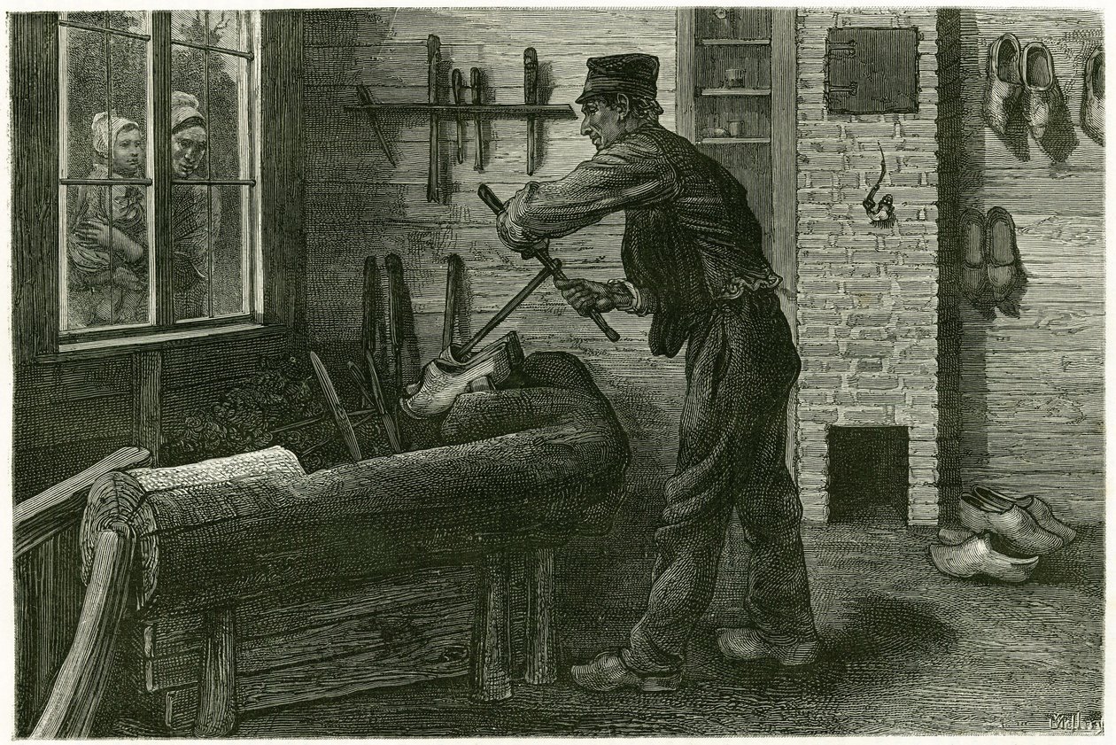 El saboteador de Terneuzen, tiene su establecimiento, agranda y excava la madera mediante cramms. Grabado por X. Mellery, después de la naturaleza, para ilustrar la historia "Bélgica", en 1888, por Camille Lemonnier (1844-1913), crítico de arte y escritor. de Xavier Mellery