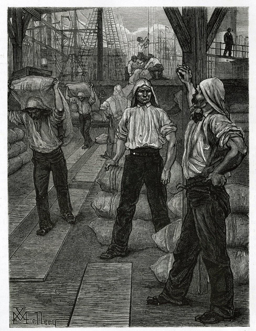 La descarga de un barco, los estibadores con sus cabezas cubiertas con una gorra de alquitrán, apilan las mercancías en los muelles del puerto de Amberes. Grabado de X.Mellery, para ilustrar la historia de Bélgica, por Camille Lemonnier, publicado en el To de Xavier Mellery