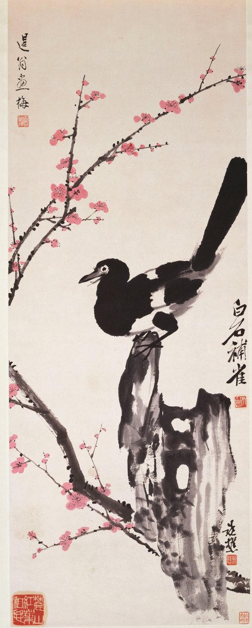 Flores de ciruelo y urraca (tinta y color sobre papel) de Xiao Sun (1883 1944) Zhou Shaoxiang (1880 1954) Qi Baishi