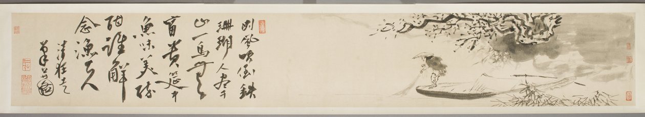 Paisaje con pescador y poema de Xu Guo