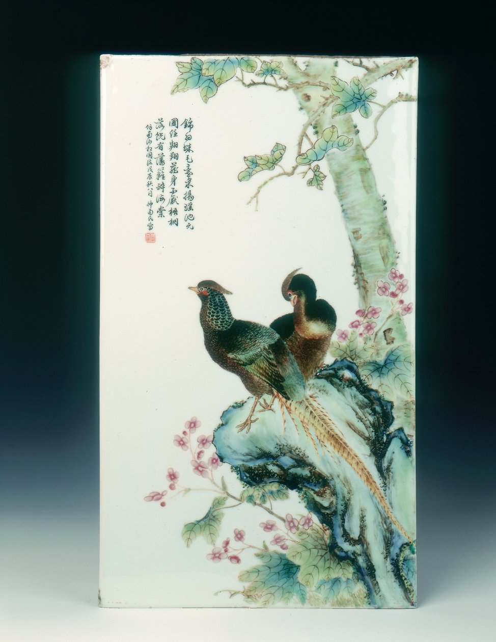 Placa de porcelana famille rose con faisanes, China de Xu Zhongnan