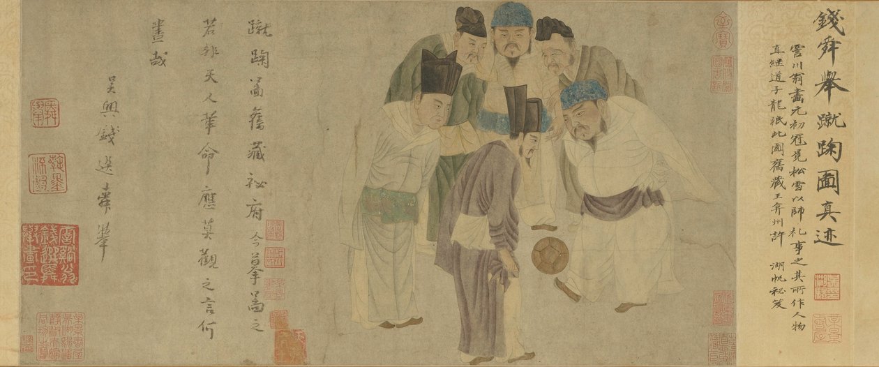 Pergamino Cuju (Emperador Taizu jugando al cuju) (color sobre papel) de Xuan Qian