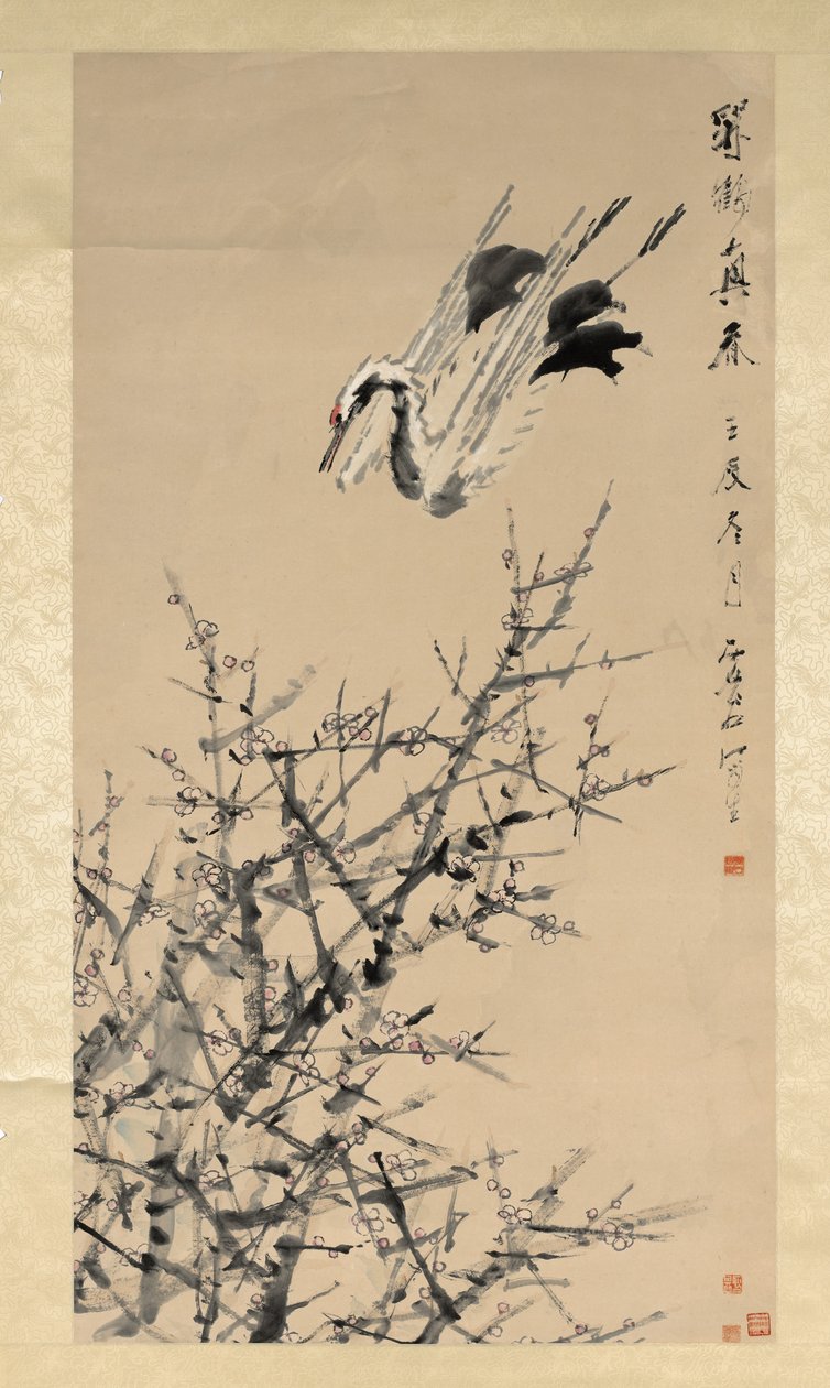 Flores de ciruelo, grulla y primavera, dinastía Qing de Xugu
