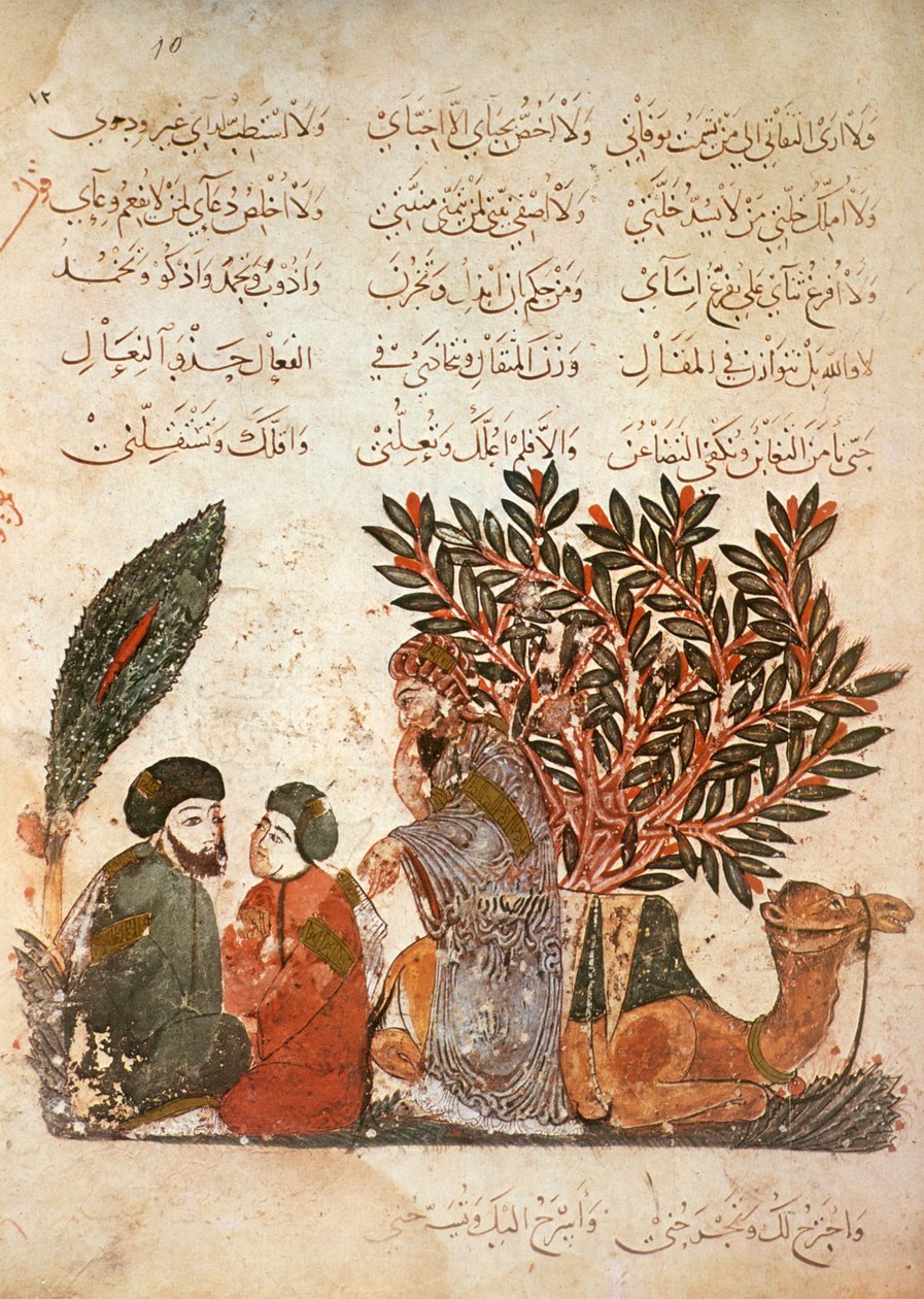 La caravana se detiene: Al-Harith (al-Hariri) escucha la conversación entre un hombre y su hijo, de Al Maqamat por Al Hariri, c.1240 de Yahya ibn Mahmud Al Wasiti