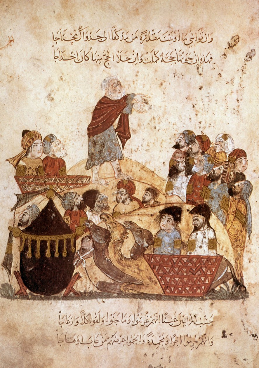 Abou Zayd predicando para una caravana de peregrinos, de Maqamat por Al Hariri, c.1240 de Yahya ibn Mahmud Al Wasiti