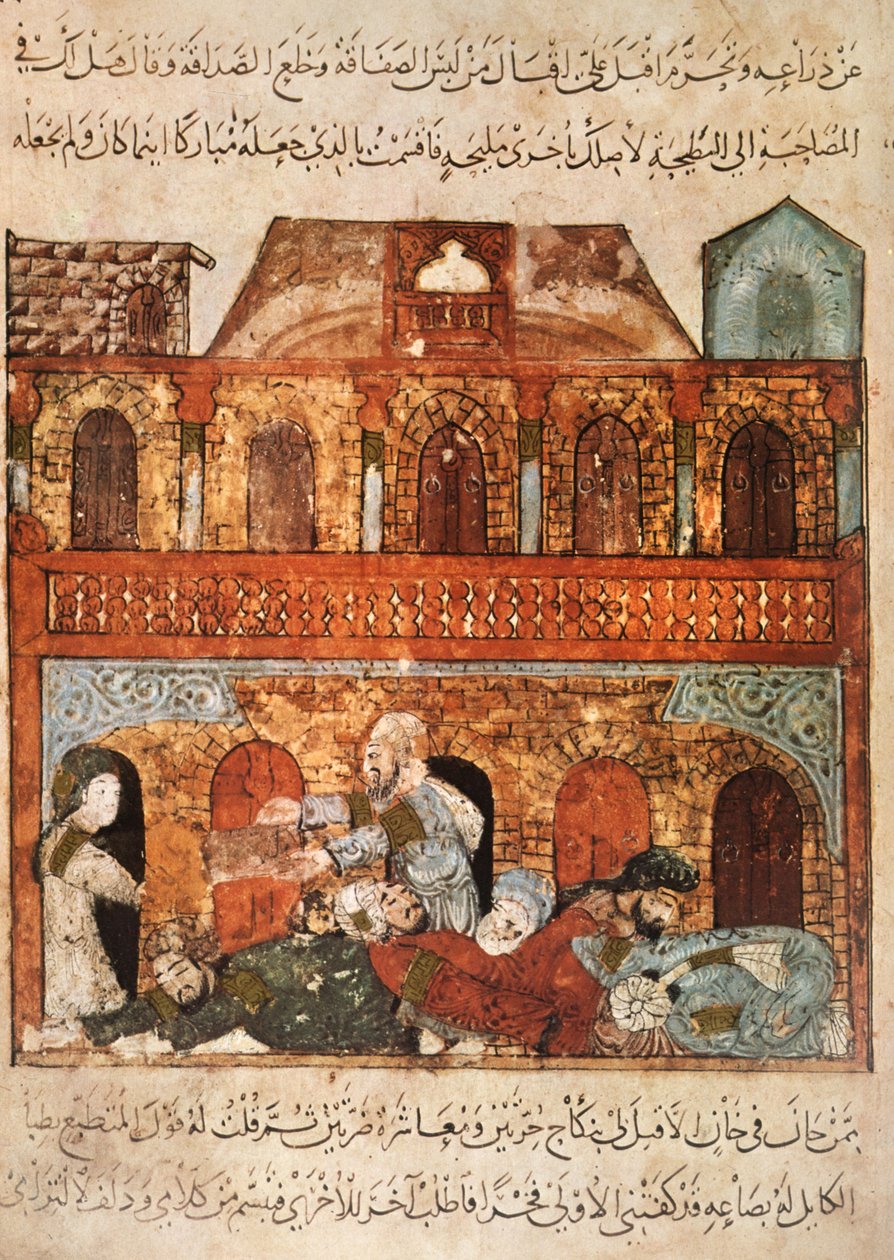 Comida en un caravasar en Wasit: Abou Zayd ha puesto a dormir a sus invitados y toma sus bienes, de Al Maqamat por Al Hariri, c.1240 de Yahya ibn Mahmud Al Wasiti