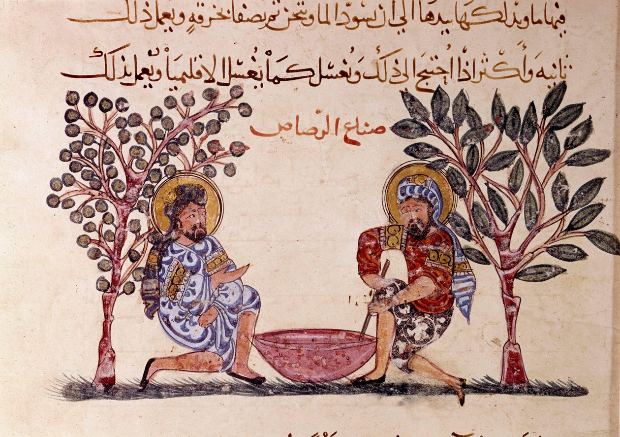 La fabricación de plomo. Página de “Maqamat” (Seances), poema picaresco del siglo XI del poeta árabe Abu Mohammed al-Kasim ibn Ali Hariri (o Al-Hariri) (1054-1122) ilustrado por Al-Wasiti de Yahya ibn Mahmud Al Wasiti