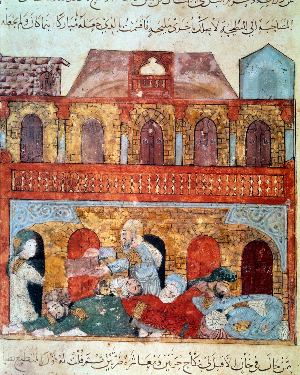 El navegante vagabundo Abu-Zayd y los comerciantes dormidos. Miniatura del Maqamat (Seances) de Abu Mohammed al-Kasim ibn Ali Hariri (1054-1122) iluminada por Yahya Mahmud al-Wasiti de Yahya ibn Mahmud Al Wasiti
