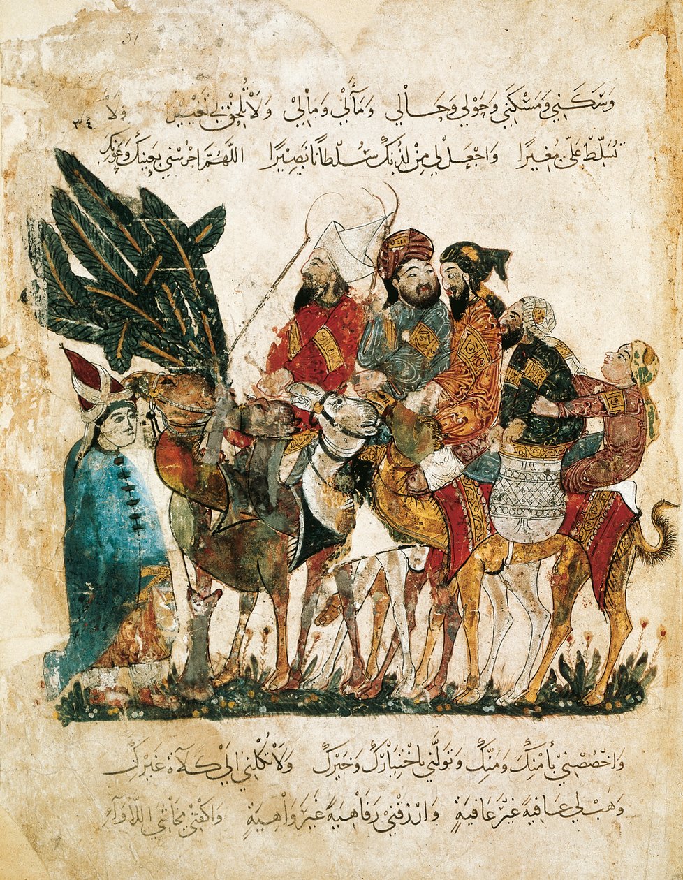 Caravana de comerciantes árabes, miniatura del Maqamat (Las reuniones) de Al-Hariri, c.1240 de Yahya ibn Mahmud Al Wasiti