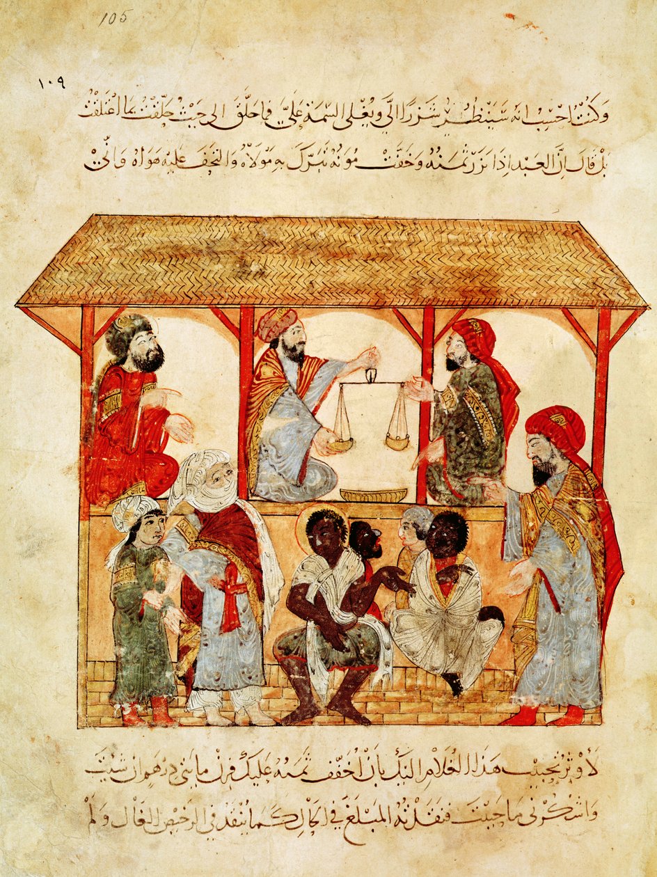 Ms. Ar 5847 f.105, Un mercado de esclavos, de "Al Maqamat" de Yahya ibn Mahmud Al Wasiti