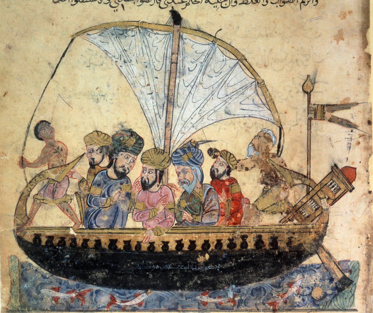 El burgués al-Harith, hijo de Hammam, y el navegante errante Abu-Zayd en un barco navegando por el Éufrates. Miniatura de las "Maqamat" (Seances) de Abu Mohammed al-Kasim ibn Ali Hariri (1054-1122) de Yahya ibn Mahmud Al Wasiti