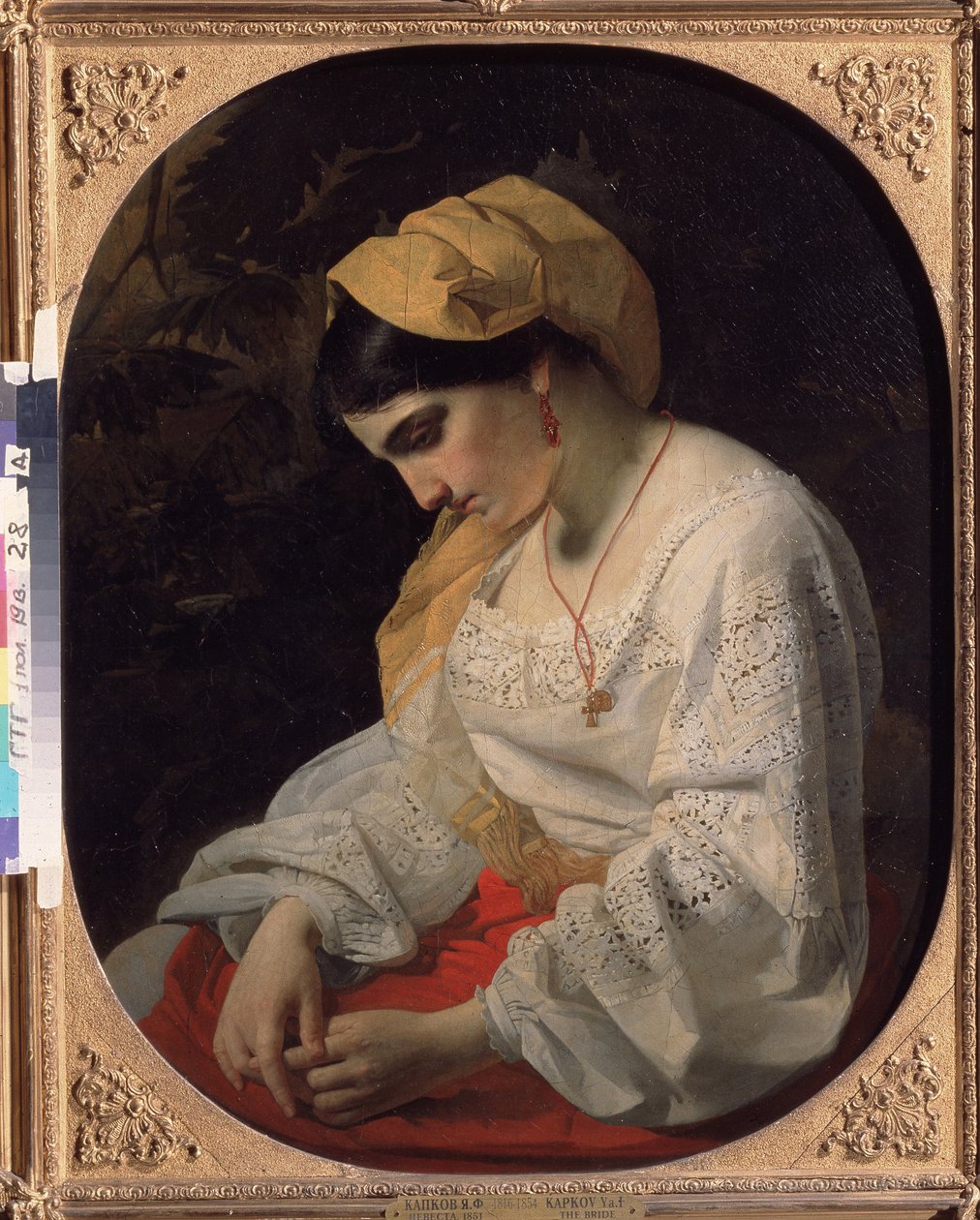 Una novia joven (Una novia). Retrato de perfil de una joven triste con expresión resignada. Pintura de Yakov Fyodorovich Kapkov (1816-1854), óleo sobre lienzo de Yakov Fyodorovich Kapkov