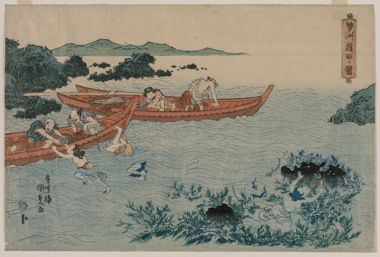 Buzos de Abulón en la Costa de Ise, de una Serie de Paisajes Sin Título de Yamaguchiya Tobei