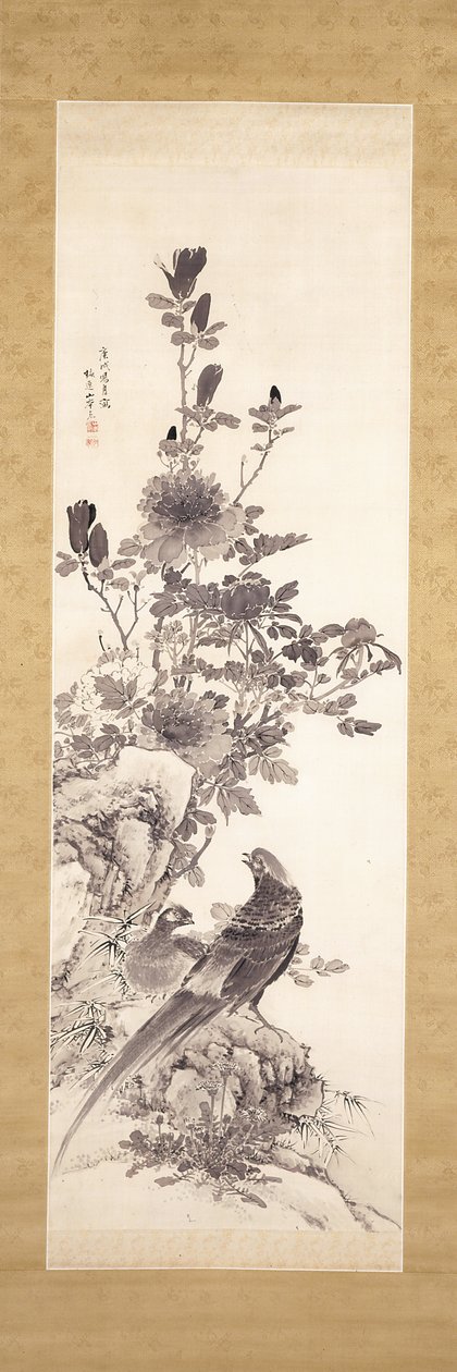 Peonías y faisanes dorados (tinta sobre seda) de Yamamoto Baiitsu