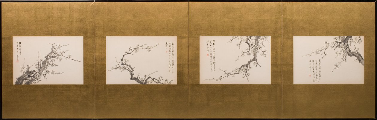 Flores de prunus, biombo, periodo Edo 1844 (tinta sobre papel) (véase también 752778-82) de Yamamoto Baiitsu