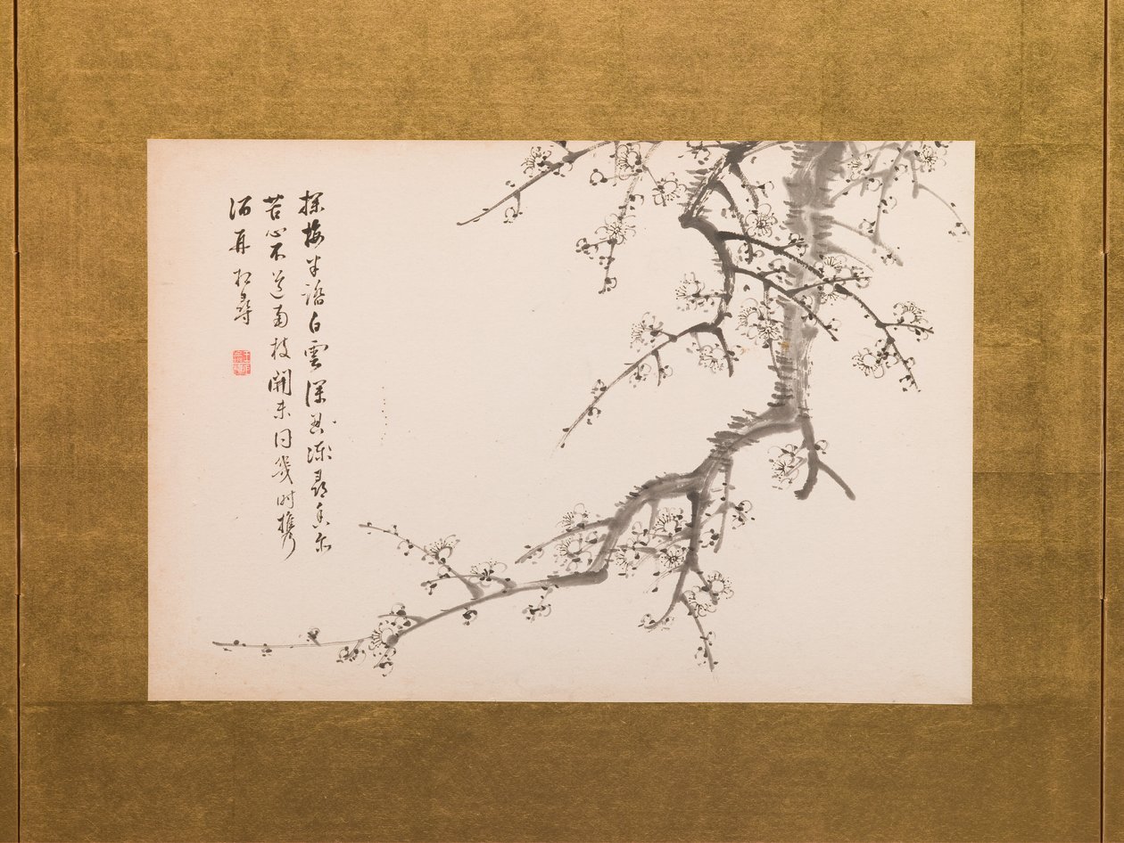 Flores de prunus, biombo, panel 2 de 4, periodo Edo 1844 (tinta sobre papel) (véase también 752778-82) de Yamamoto Baiitsu