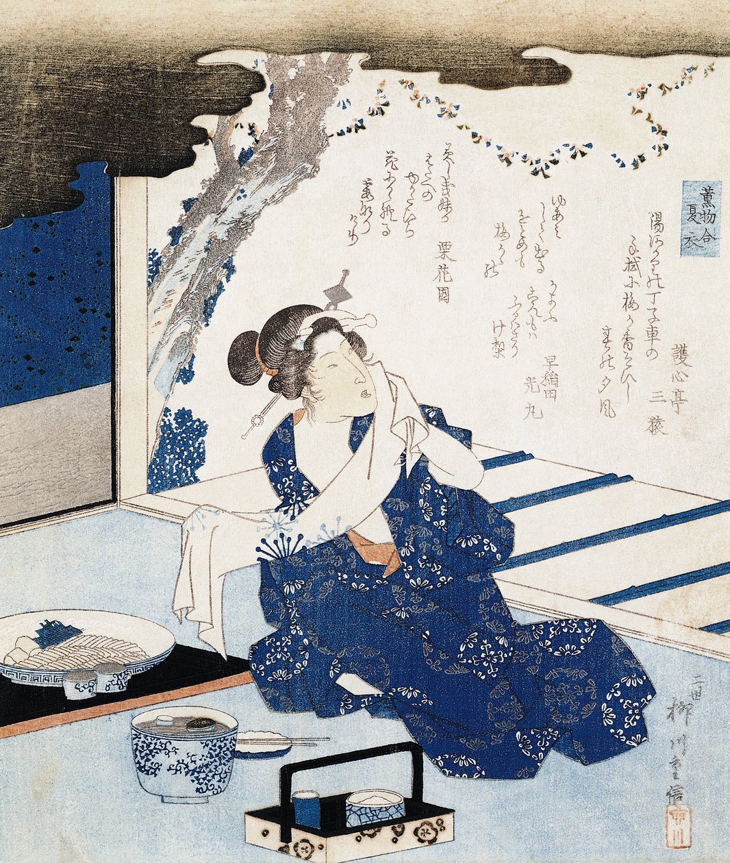 Cortesana con yukata (kimono de algodón azul y blanco), panel de pared decorado con poema de Yanagawa II Shigenobu