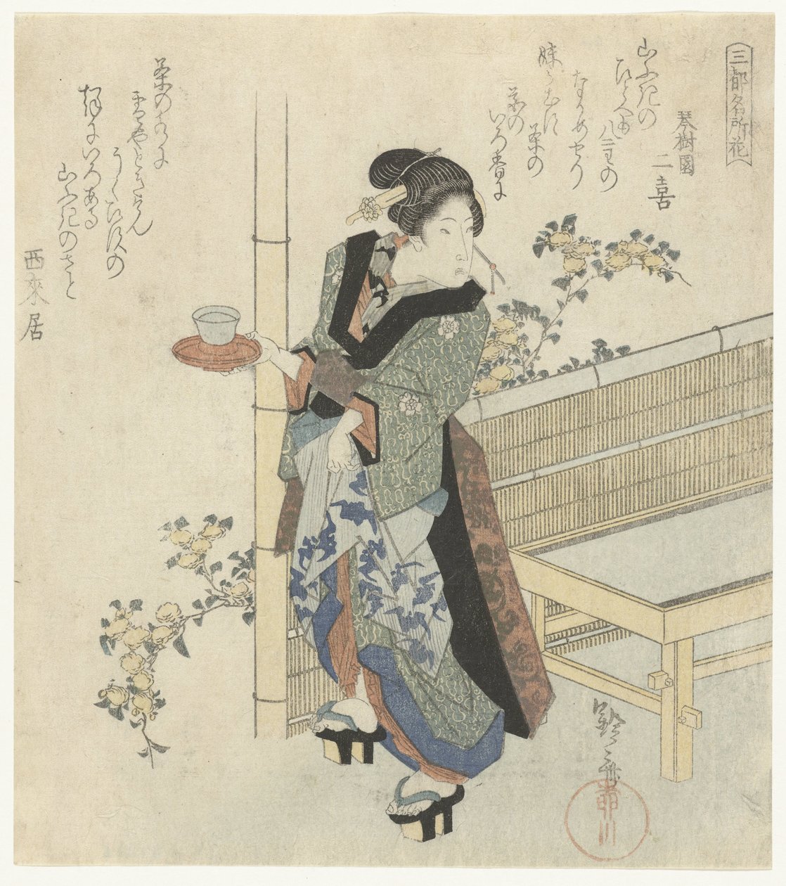 camarera en flores yamabuki Flores famosas de las tres capitales (título de la serie) Santo meishobana (título de serie sobre objeto) de Yanagawa Shigenobu (I)