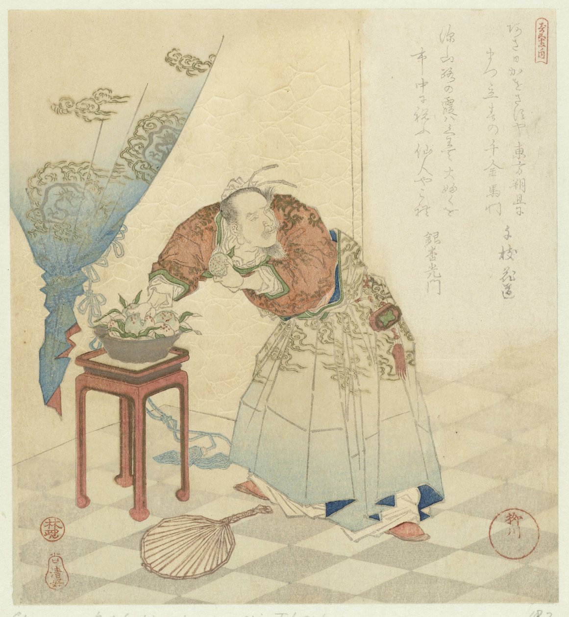 Tôbôsaku roba melocotones de inmortalidad Cinco imágenes sobre la longevidad (título de la serie) Kotobuki goban no uchi (título de serie en objeto) de Yanagawa Shigenobu (I)