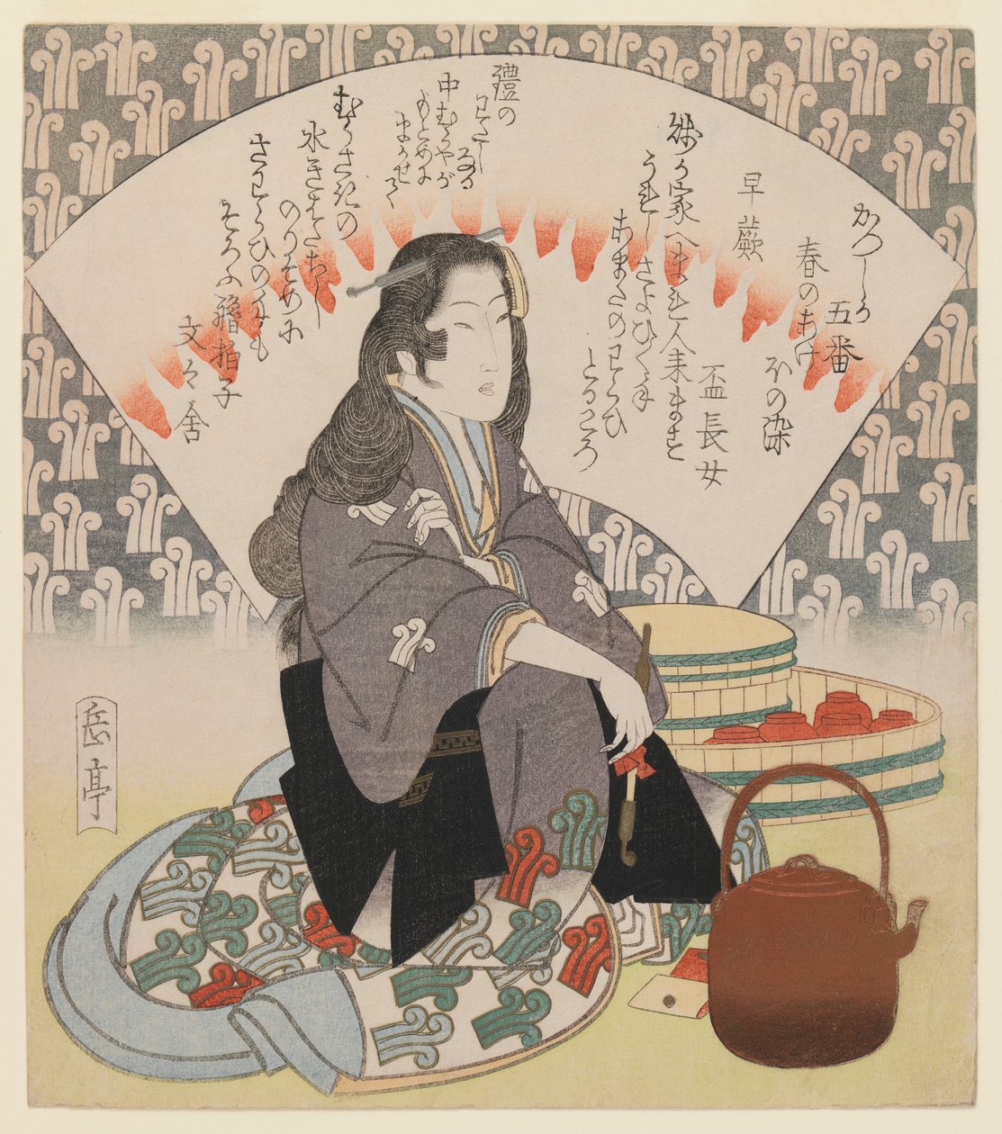 Camarera y tetera de cobre de la serie de 5 Surimono para el Club de Poesía Katsushika, c.1830 de Yashima Gakutei