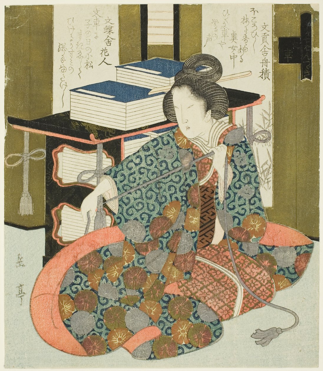 Una mujer tirando del cordón de una librería con ruedas, de la serie "Un conjunto de siete para el Club Katsushika" de Yashima Gakutei