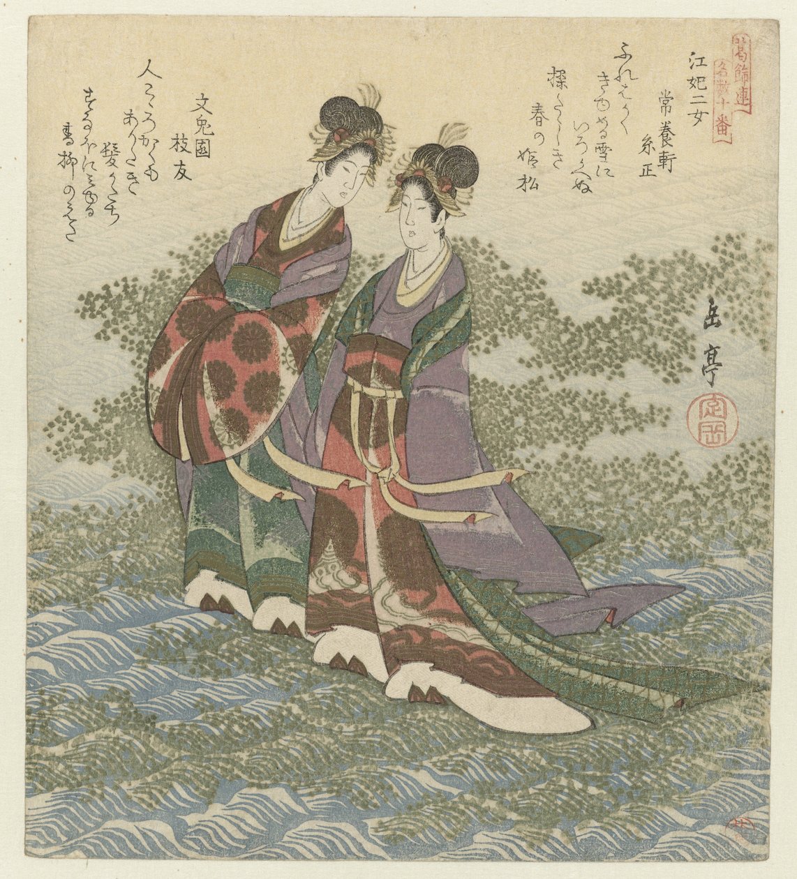 Las dos princesas del río. Kôhi nijo (título sobre objeto) Una serie de diez copias de canciones famosas para la Sociedad de Poesía Katsushika (título de la serie) Katsushikaren meisû jûban (título de la serie sobre el objeto) de Yashima Gakutei