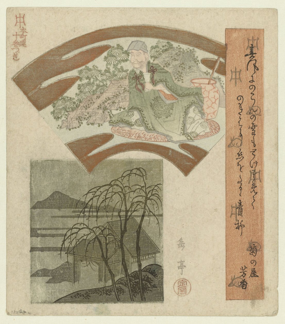 Un sabio chino y un paisaje con sauces. Una serie de diez grabados para Honchôren (título de la serie) Honchôren jûbantsuzuki (título de serie sobre objeto) de Yashima Gakutei