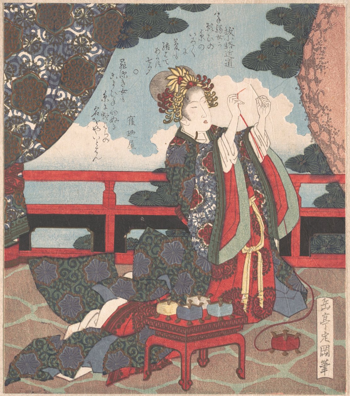 Una señora enhebrando una aguja en la terraza de Yashima Gakutei