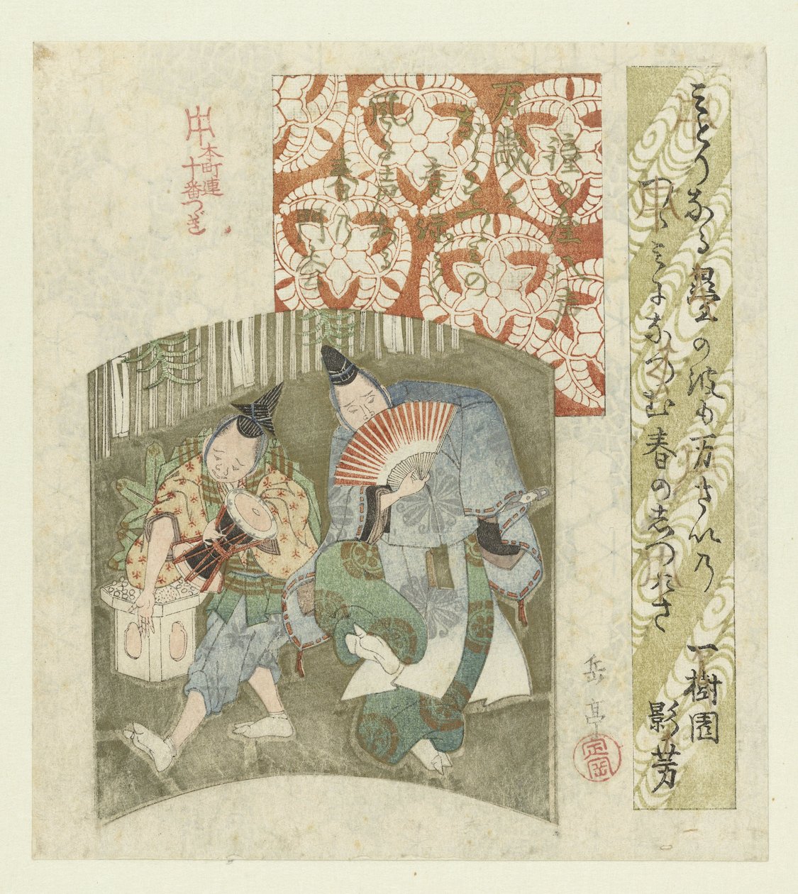 Bailarines de Año Nuevo en una pantalla Una serie de diez grabados para Honchôren (título de la serie) Honchôren jûbantsuzuki (título de serie sobre objeto) de Yashima Gakutei