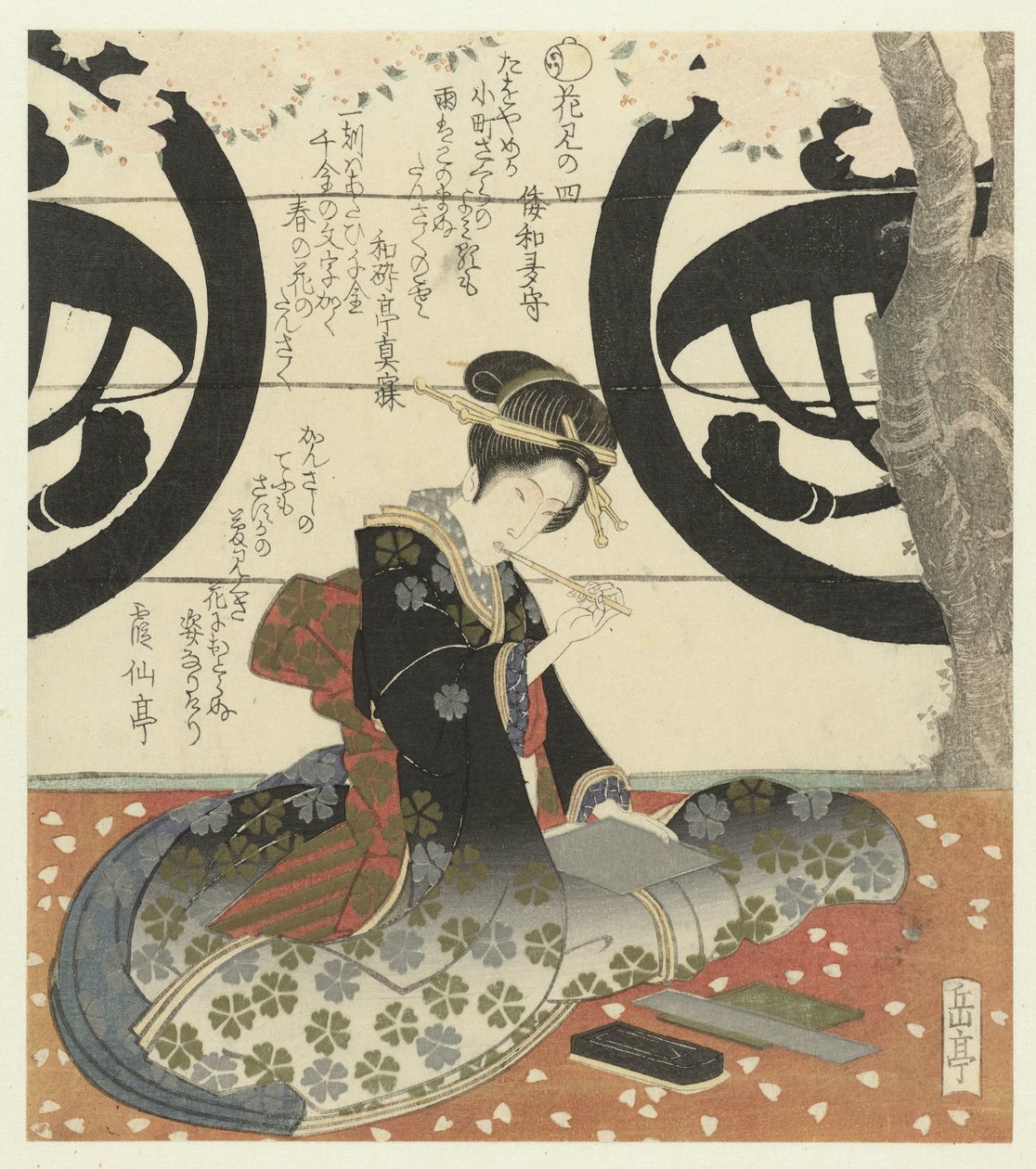 Número cuatro: Chica escribe poema No yon (título sobre el objeto) Ver flores (título de la serie) Hanami (título de la serie sobre el objeto) de Yashima Gakutei