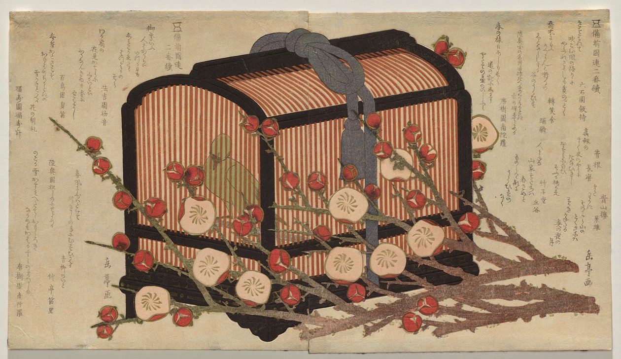 Dos diseños continuos para el club de la provincia de Bizen bajo el grupo Go-gawa: curruca en una jaula con ramas de ciruelo en flor de Yashima Gakutei