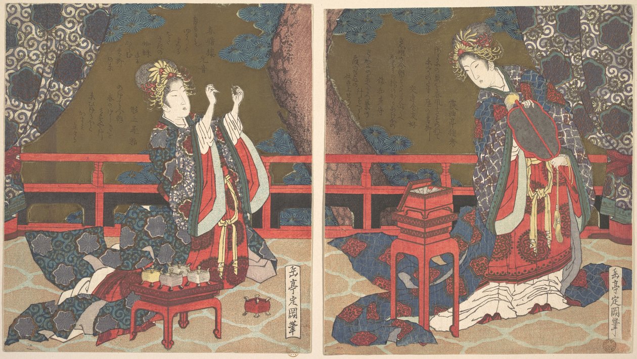 Dos damas en una veranda, una con abanico, la otra enhebrando una aguja de Yashima Gakutei