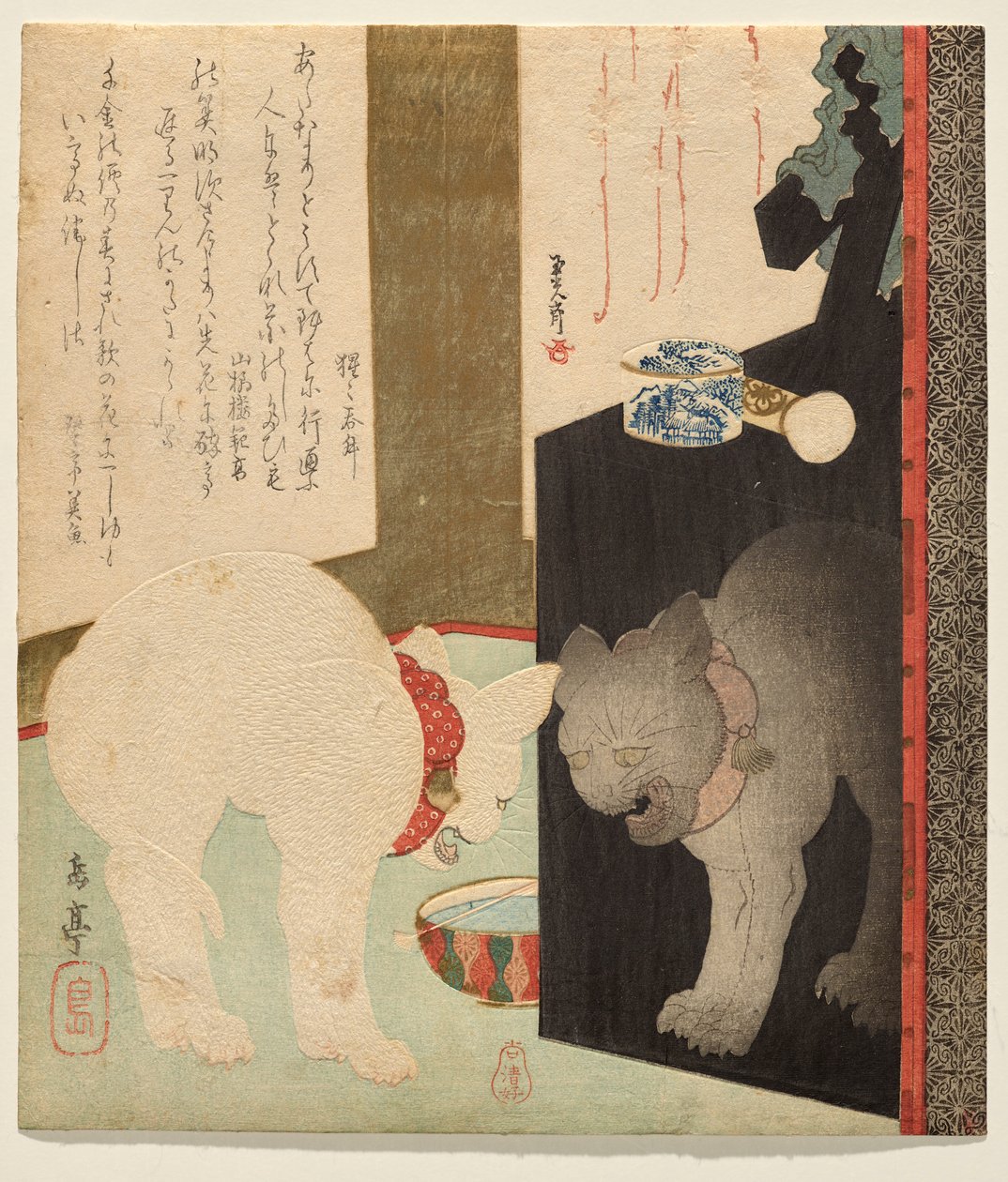 Gato blanco reflejado en una cómoda lacada de Yashima Gakutei