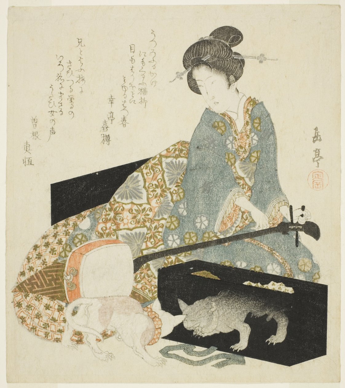 Mujer con Shamisen y Gato de Yashima Gakutei