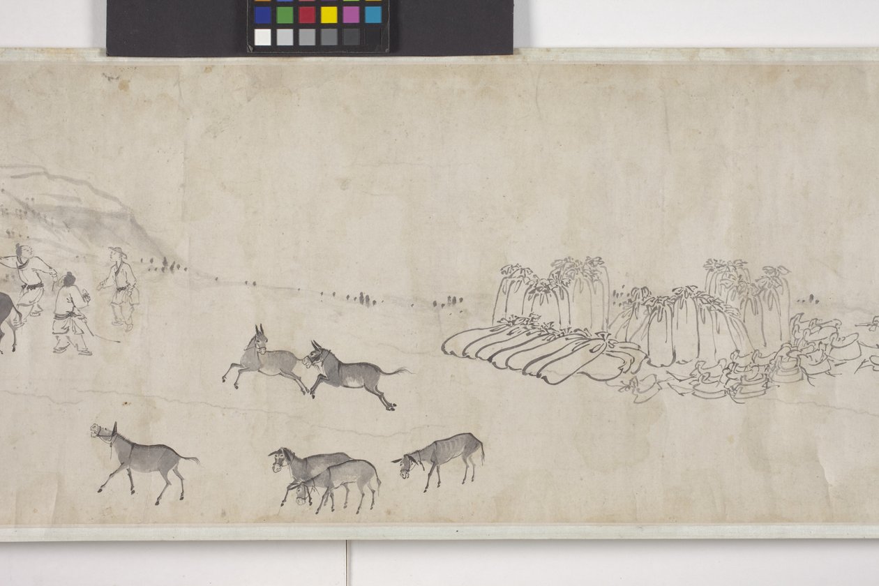 Cien burros transportando grano, Manuscrito, c.1700 (tinta sobre papel) de Ye Yin