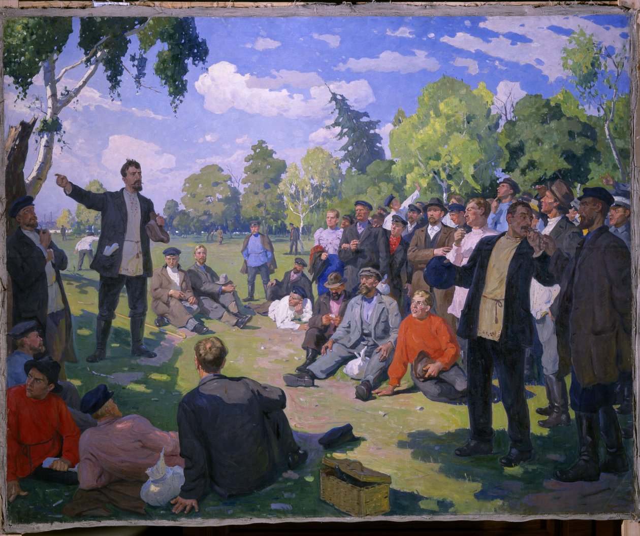 El Día del Trabajo, el 1 de mayo de 1891. Día de descanso y reunión de trabajadores en un parque soleado. Pintura de Yefim Mikhailovich Cheptsov (1875-1950), óleo sobre lienzo 1935. Arte soviético del siglo XX. Museo Estatal de Rusia, San de Yefim Mikhailovich Tcheptsov